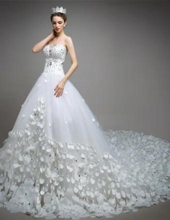A Linje Kjæreste Håndlaget Petal Organza 150cm Katedralen Tog Brudekjole