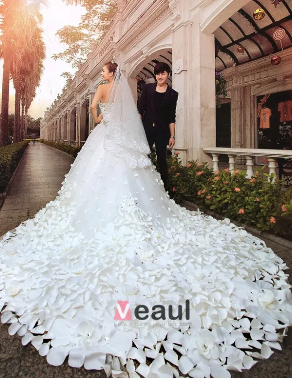 Une Ligne / Robe De Princesse Train Bretelles Cathedrale De Mariage (Satin/Tulle)