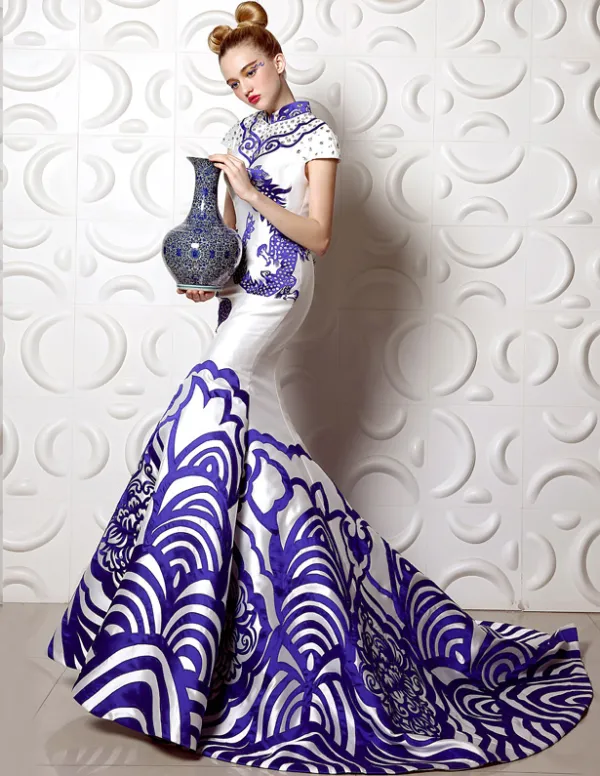 2015 A-line High Neck Improved Cheongsam Green Flower Porcelain Mermaid Evening Dress