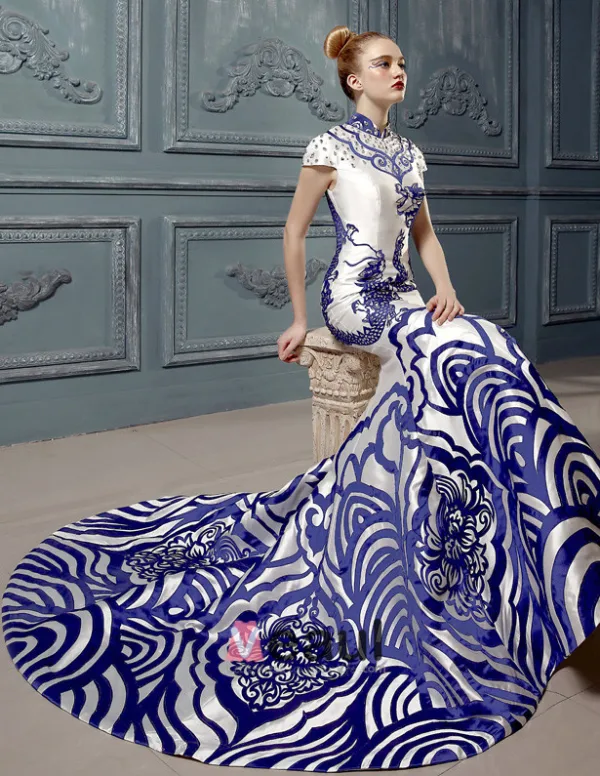 2015 A-linie Hohen Hals Verbesserte Cheongsam Grüne Blume Porzellan Mermaid Abendkleid