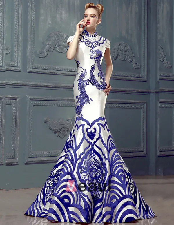 2015 A-linie Hohen Hals Verbesserte Cheongsam Grüne Blume Porzellan Mermaid Abendkleid