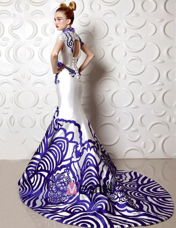 2015 A-linie Hohen Hals Verbesserte Cheongsam Grüne Blume Porzellan Mermaid Abendkleid