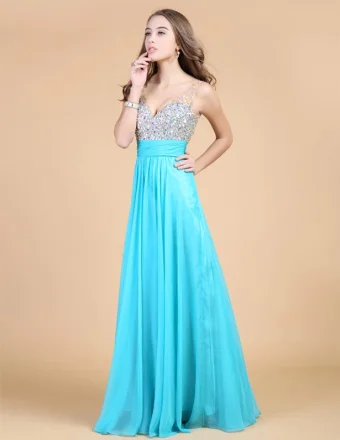 2015 Shoulders Sweetheart Sleeveless Floor Length Beading Chiffon Party Dress Prom Dress