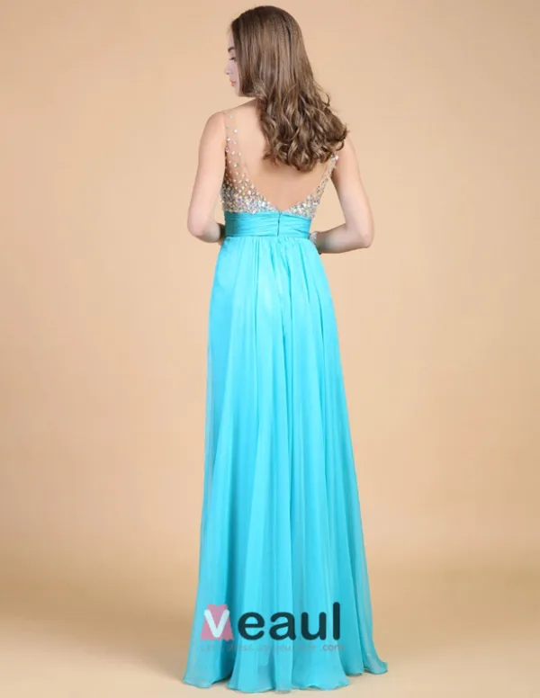 Skuldre Kjaereste Ermelos Gulv Lengde Beading Chiffon Festkjole Ballkjoler