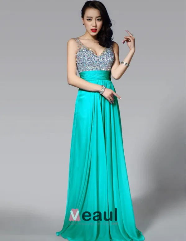 Skuldre Kjaereste Ermelos Gulv Lengde Beading Chiffon Festkjole Ballkjoler