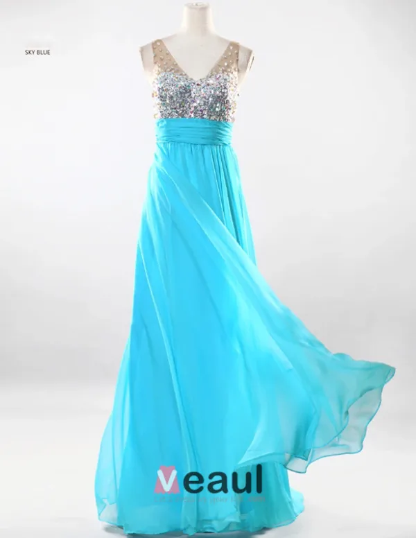 Skuldre Kjaereste Ermelos Gulv Lengde Beading Chiffon Festkjole Ballkjoler