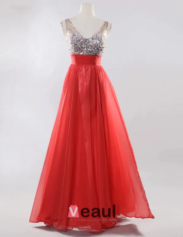 Skuldre Kjaereste Ermelos Gulv Lengde Beading Chiffon Festkjole Ballkjoler