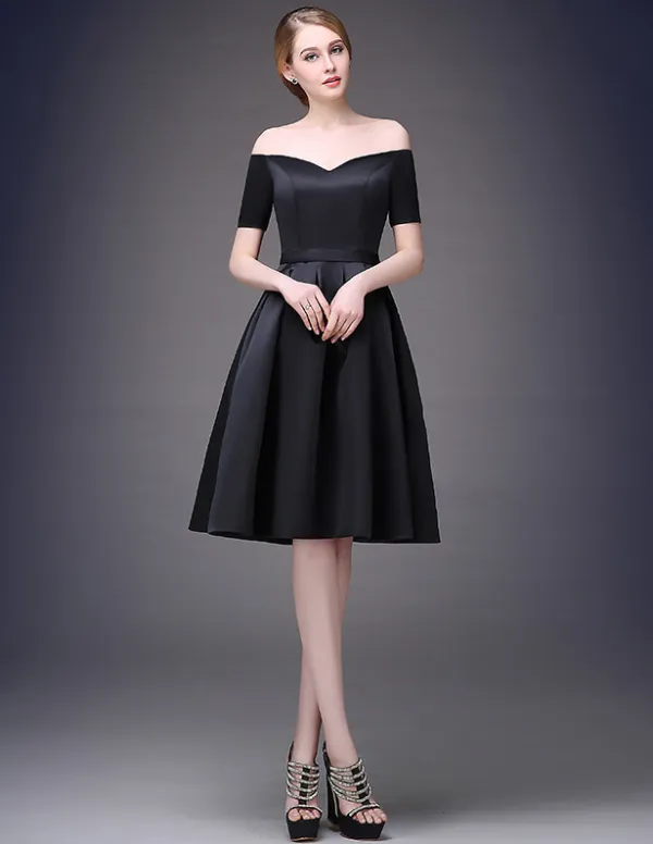 2015 Simple Sweetheart Neck Off The Shoulder Short Sleeves Knee Length Satin Party Dress
