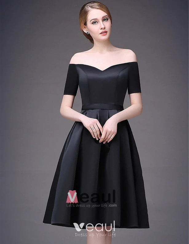 2015 Simple Sweetheart Neck Off The Shoulder Short Sleeves Knee Length Satin Party Dress