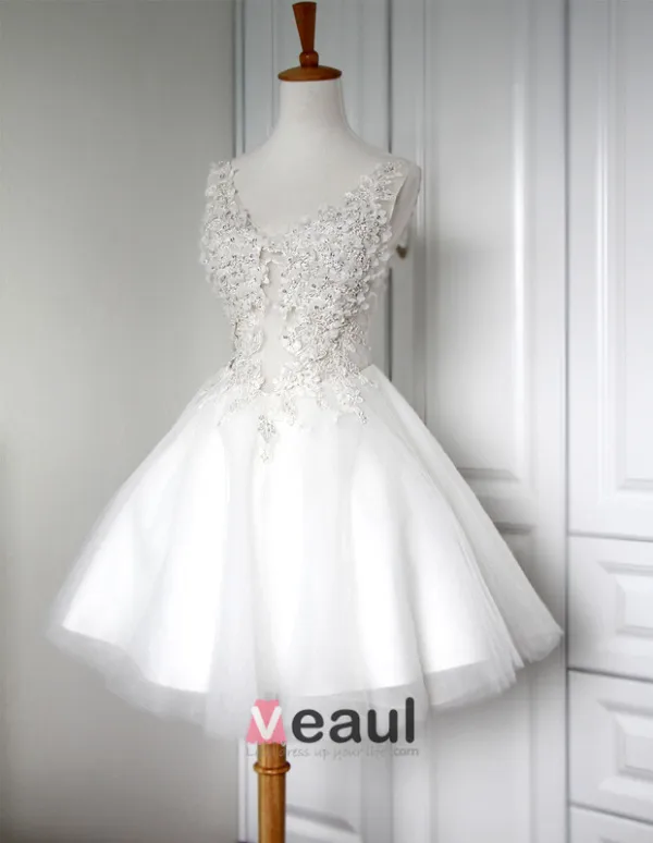 2015 Shoulders V-neck Short Embroidered Tulle Puff Cocktail Dress/ Graduation Dress
