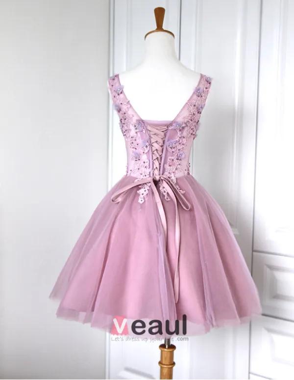 2015 Shoulders V-neck Short Embroidered Tulle Puff Cocktail Dress/ Graduation Dress