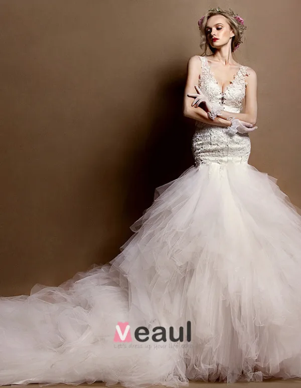 2015 Shoulders Deep V-neck Lace Trumpet Mermaid Cathedral Train Wedding Dress