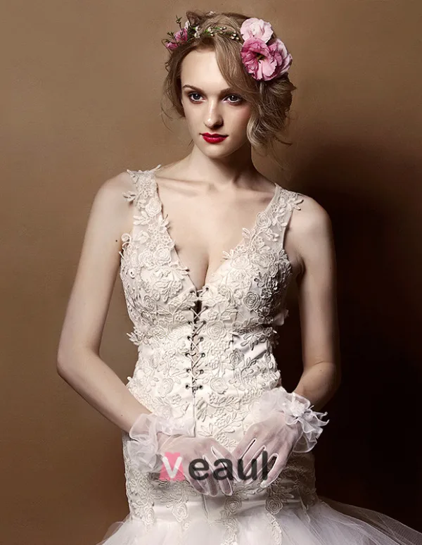 2015 Shoulders Deep V-neck Lace Trumpet Mermaid Cathedral Train Wedding Dress