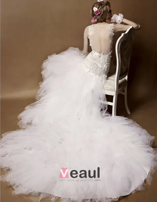 2015 Shoulders Deep V-neck Lace Trumpet Mermaid Cathedral Train Wedding Dress