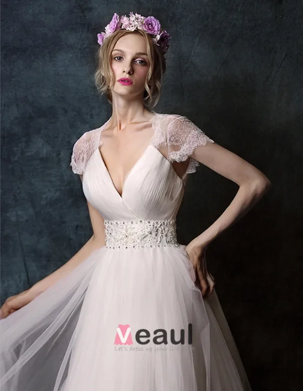 Une Ligne Epaules Col V Profond Robe-parole Longueur De Mariée En Dentelle Brodee Ceinture De Fleurs