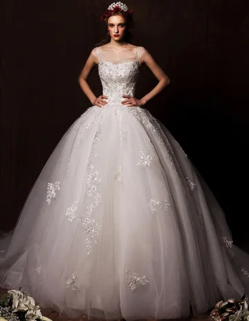 2015 Ball Gown Shoulders Scoop Neck Cathedral Train Embroidered Lace Flowers Organza Wedding Dress