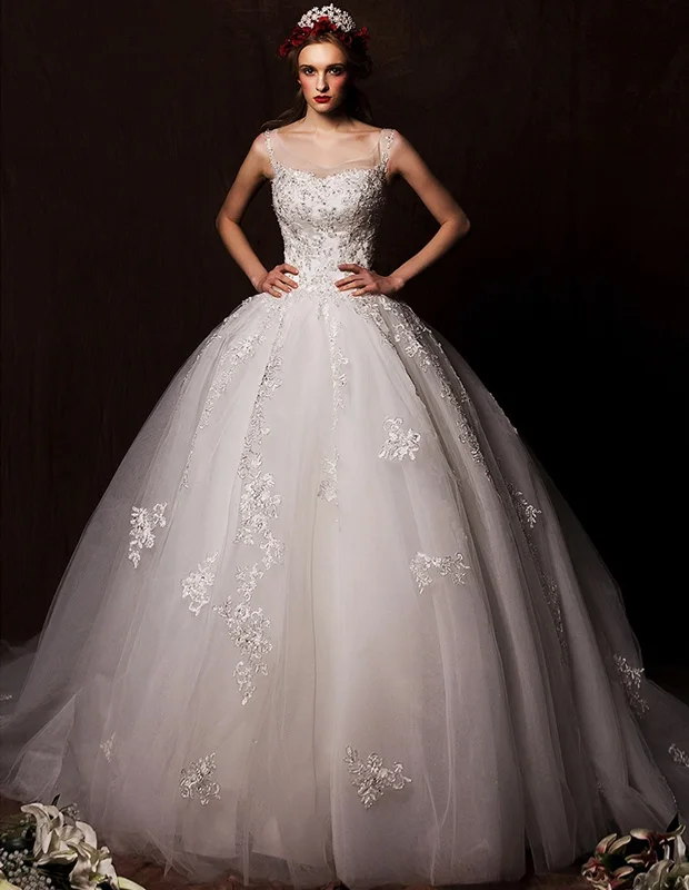 Ball Kjole Skuldre Scoop Hals Katedralen Tog Brodert Blonder Blomster Organza Brudekjole