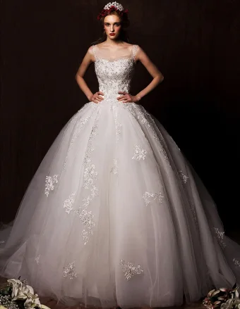 Ball Kjole Skuldre Scoop Hals Katedralen Tog Brodert Blonder Blomster Organza Brudekjole