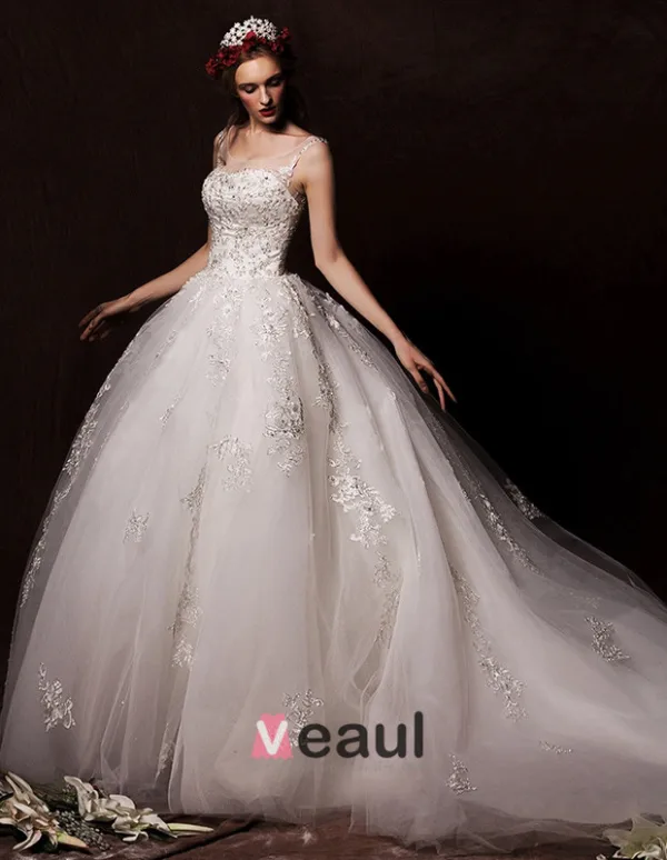 2015 Ball Gown Shoulders Scoop Neck Cathedral Train Embroidered Lace Flowers Organza Wedding Dress