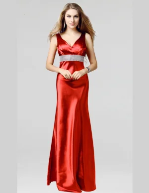 Skuldre V Hals Gulv Lengde Rhinestone Skyve Satin Aftenkjoler