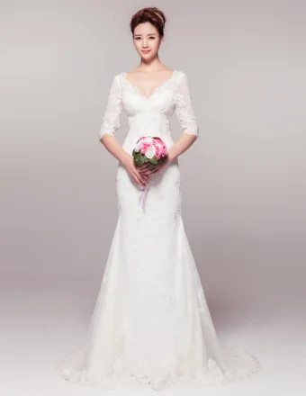 2015 Elegant A Line Shoulders 1 2 Lace Sleeves Deep V Neck Beading Wedding Dress