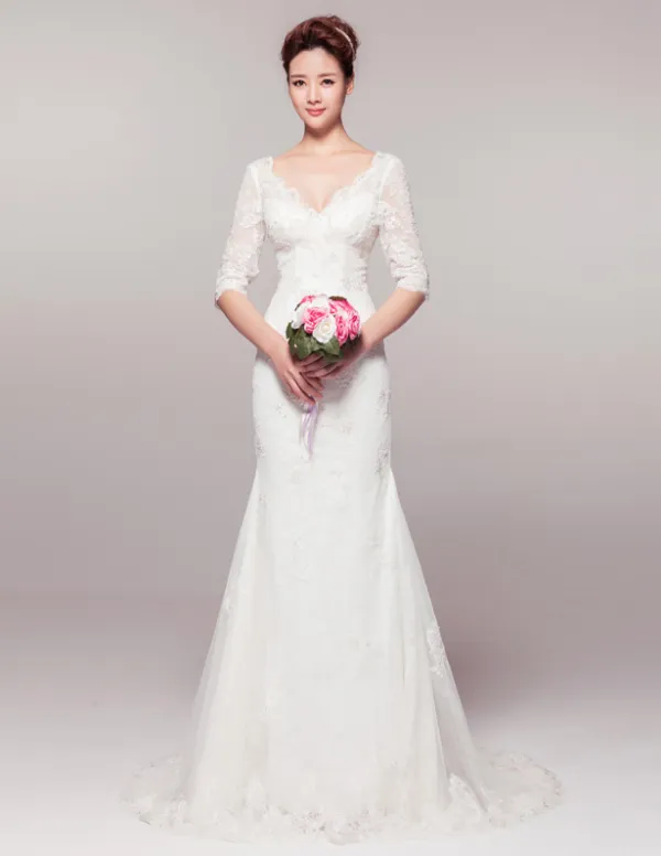 2015 Elegant A-line Shoulders 1/2 Lace Sleeves Deep V-neck Beading Wedding Dress