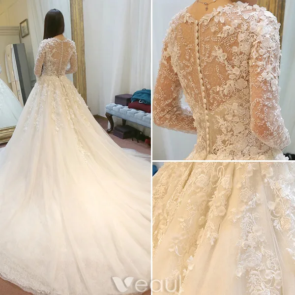 Belles Robe De Mariée 2016 Fleurs En Dentelle Robe De Mariage Dos Nu En Tulle Avec Des Manches Longues