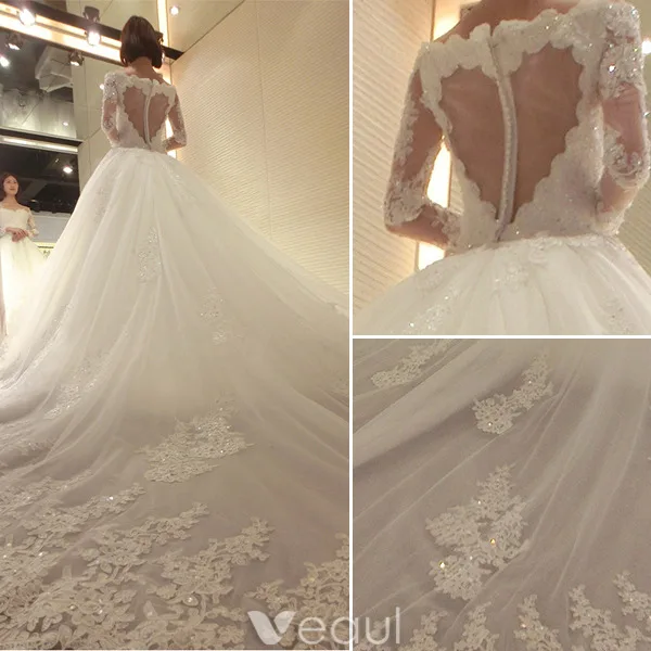 Luxury Bridal Gown 2016 Deep V-neck Lace Sequins Cardioid Backless Wedding Dress With Long Trailing