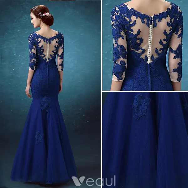 Beautiful Evening Dresses 2016 Applique Lace Royal Blue Tulle Backless Long Formal Gown