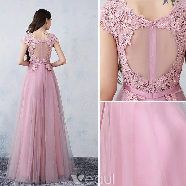 Elegant Party Dresses 2016 Applique Lace Beading Pearls Pink Tulle Long Formal Dress With Sash