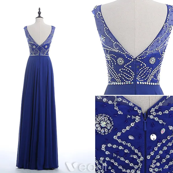 Sparkly Evening Dresses 2016 Scoop Neckline Beading Sequins Rhinestone Royal Blue Chiffon Long Backless Dress