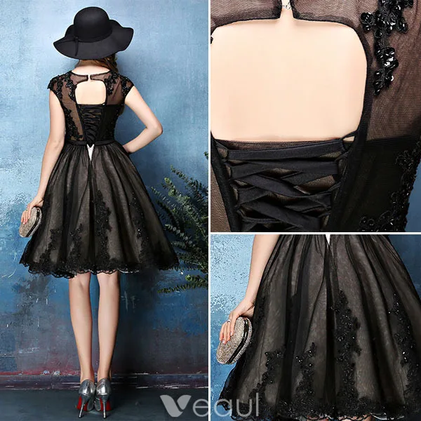 Princess Little Black Dresses 2016 Applique Lace With Sequins Knee Length Short Cocktail Dress