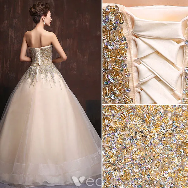 Glitter Kjæreste Beading Paljetter Champagne Organza Gulv Lengde Lang Ballkjoler