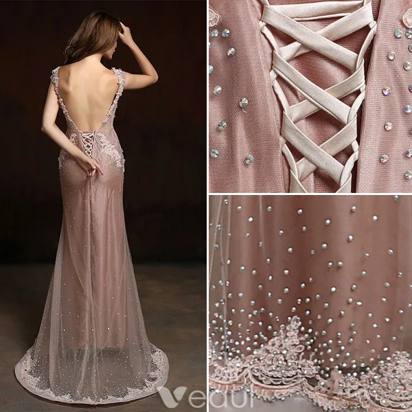 2016 Lyxiga V-ringad Beading Strass Applikations Spets Blomma Champagne Organza Lång Aftonklänning