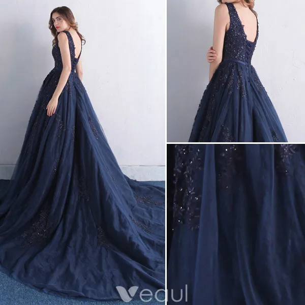 Élégante Robe De Bal 2016 V-cou Applique De Dentelle De Paillettes Marine Tulle Bleu Robe Longue