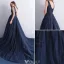 Élégante Robe De Bal 2016 V-cou Applique De Dentelle De Paillettes Marine Tulle Bleu Robe Longue