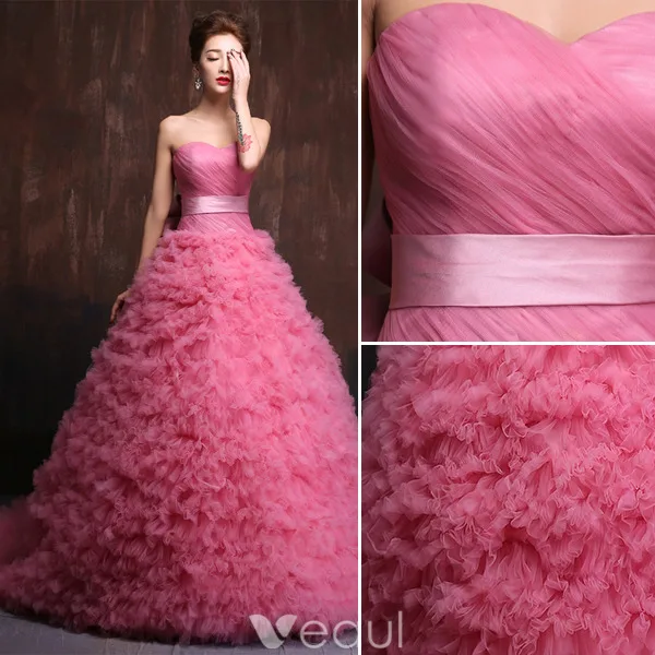 Elegant Ballkjoler 2016 Plissert Kjæreste Rosa Tyll Ballkjole Med Sash
