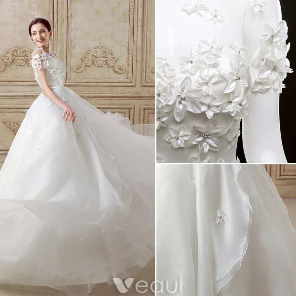 Elegant Ball Gown Wedding Dress 2016 Short Sleeves Backless Handmade Flowers