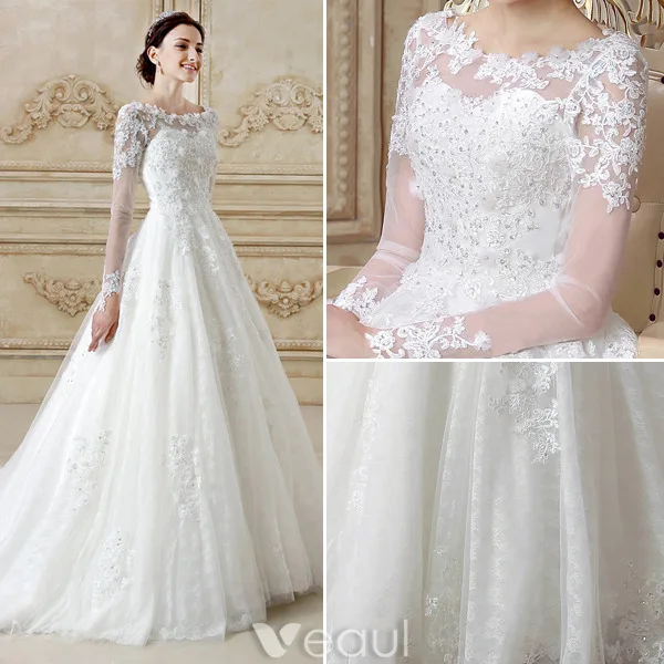 Gorgeous Wedding Dresses 2016 A-line Scoop Neckline Long Sleeves Applique Lace Backless Tulle Bridal Gown