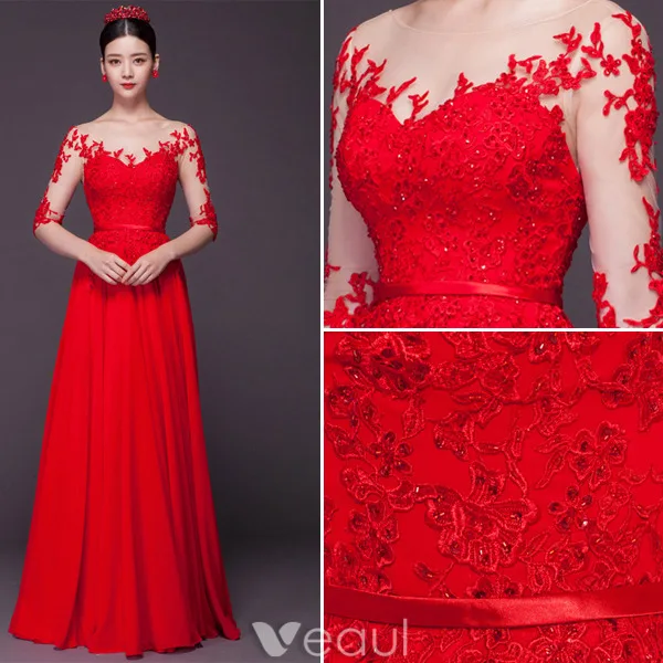 Sexy Evening Dresses 2016 Scoop Neckline Sequins Applique Lace Backless Red Chiffon Long Formal Dress