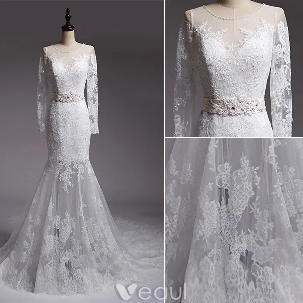 Mermaid Wedding Dresses 2016 Beading Scoop Neckline Applique Lace Sequins Bridal Gown With Sash