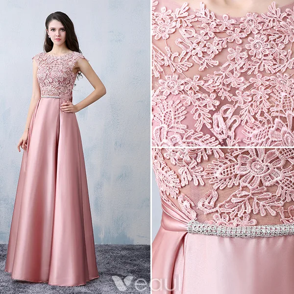 Vackra Festklänningar 2016 Kvadrat Urringning Applikationer Spets Rosa Satin Formell Klädsel Med Rosett-knut