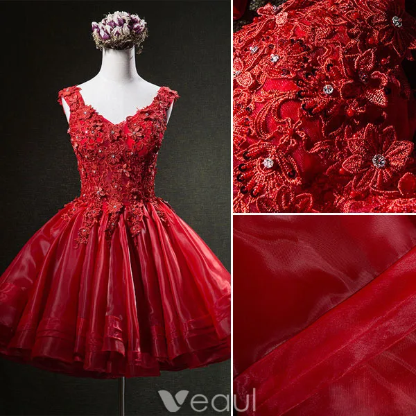 Magnifiques Robes Rouges Du Parti 2016 Applique De Dentelle V-cou Robe De Cocktail Courte En Organza
