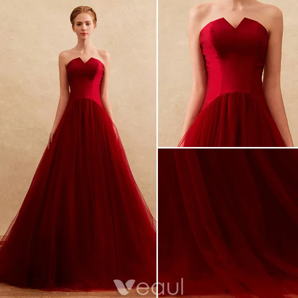 Simple Prom Dresses 2016 Strapless Backless Burgundy Tulle Long Prom Dress