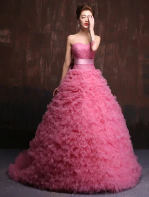 Elegant Prom Dress 2016 Pleated Sweetheart Pink Tulle Formal Dresses With Sash