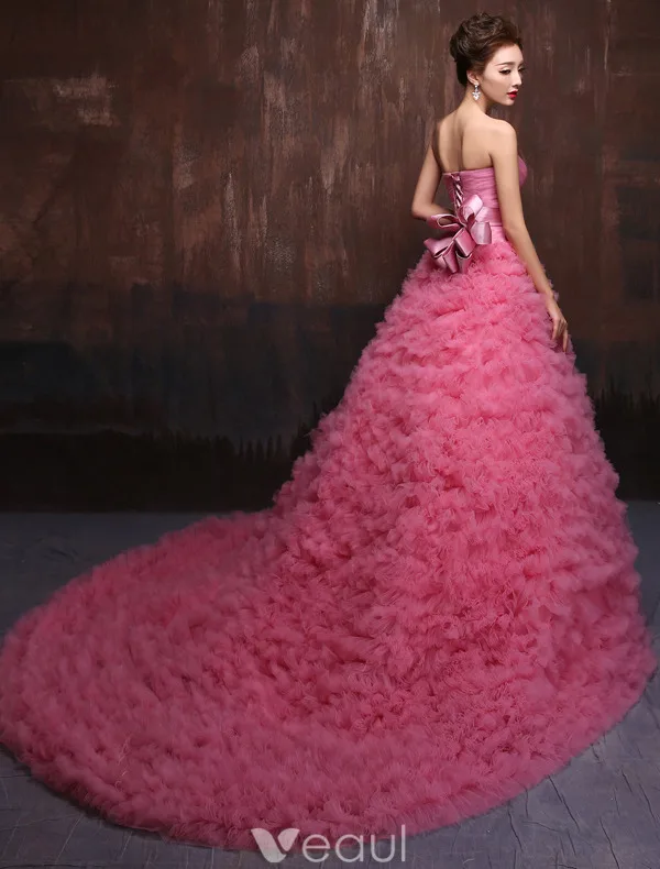 Elegant Ballkjoler 2016 Plissert Kjæreste Rosa Tyll Ballkjole Med Sash