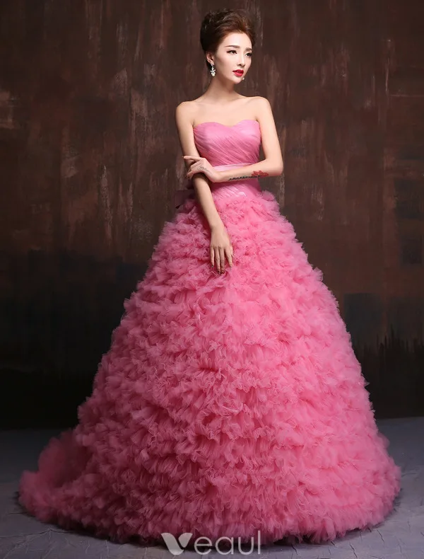Elegant Ballkjoler 2016 Plissert Kjæreste Rosa Tyll Ballkjole Med Sash