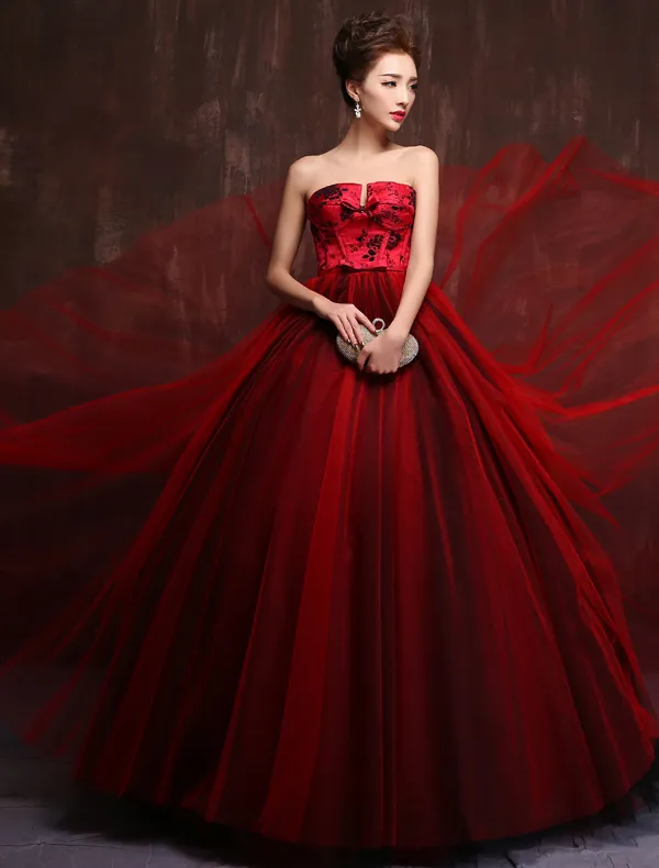 Gorgeous Prom Dress 2016 Strapless Impression Burgundy Tulle Evening Dress