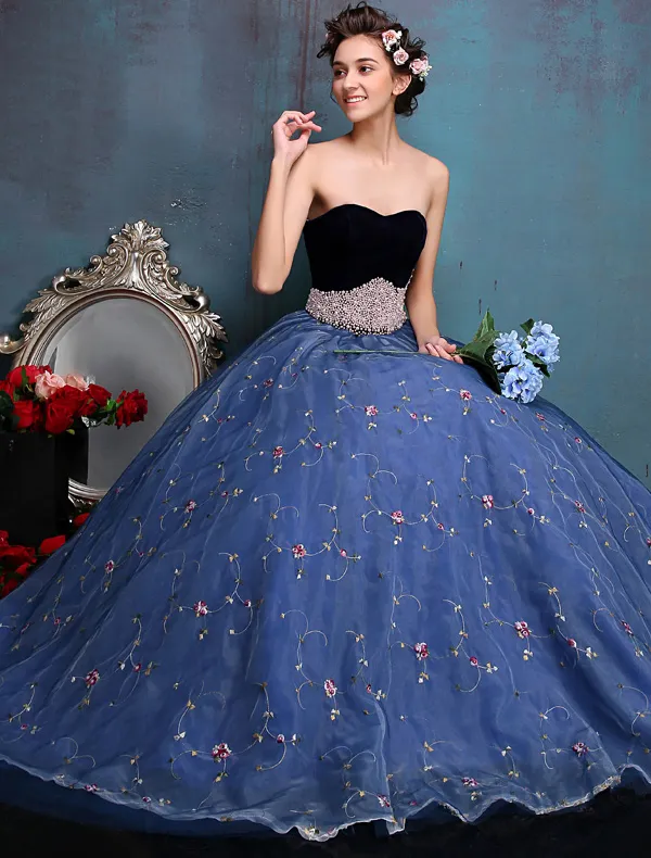 Elegant Prom Dresses 2016 Sweetheart Beaded Pearl Sash Embroidered Blue Organza Formal Dress