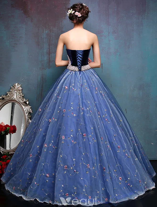Elegant Ballkjoler 2016 Kjæreste Beaded Perle Skjerf Brodert Blå Organza Ballkjole